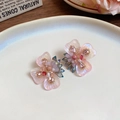 Pink ceramic flower earrings with sparkly crystals and gold metal finish for women - Gradient Petal / Pink