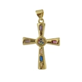 Detail of gold plated cross pendant featuring vibrant colorful square and round gemstones - 11-Gold Multi-color Gemstone Cross