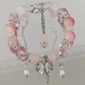 Pink crystal beaded bracelet with silver bow pendant and adjustable lobster clasp chain - S201 Pink Wenge Bracelet #sz463