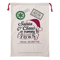 Christmas canvas drawstring gift bag with Santa Claus script and red hat motif - 49*68CM, HK-144 (Santa Coming to Town)