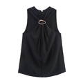 Sexy black halter tank top for women with elegant golden metal ring decoration - XS / Black