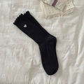 Black cotton crew socks with white heart embroidery and ruffle trim in Japanese style - Heart Embroidery / Black