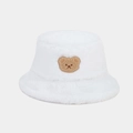 Close-up of soft white plush fabric and cute brown bear embroidery on the bucket hat - One Size / White