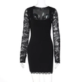 Detailed view of black slim fit dress featuring intricate lace patchwork on sleeves - S / Black