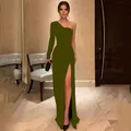 Robe de soirée élégante vert olive à une épaule avec manche longue et fente haute - L(US 12) / Vert Foncé