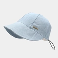Detail of light blue denim sun hat showing the metal brand plate and back drawcord - One Size / Light Blue