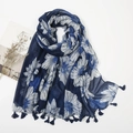 Navy blue linen-feel scarf with large white floral print and delicate tassels - Deep Blue White Art Floral (XB137)