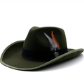 Dark green western cowboy felt hat with feather detail and vintage metal badge - M (56-58cm) / Army Green