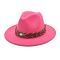 Close-up of pink wool fedora with woven leather band and turquoise metal buckle - M (56-58cm) / Rose Red