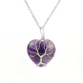 Detail view of purple stone heart pendant with silver wire-wrapped tree of life design - Silver + Amethyst