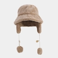 Detail of soft plush winter bucket hat with ear flaps and fluffy pompom drawstrings - M (56-58cm) / Khaki