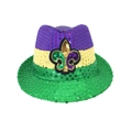 Glitzernder Pailletten Mardi Gras Jazz Hut in Lila Grün Gold mit Fleur-de-Lis Emblem - Einheitsgröße / Pfeil B Jazzhut