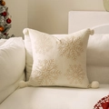 Cream square pillowcase with gold snowflake embroidery and decorative corner pom-poms - Embroidered Snowflake Pompom/Off-White