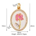 Pink enamel rose pendant in golden copper frame with cubic zirconia border 25mm - Gold Oval Zirconia Inlaid Pink Rose