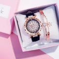 Close-up of rose gold cat-themed watch and star bracelet set in a pink gift box - Floral Watch + Bracelet Set / Black