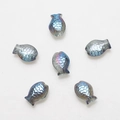 Macro shot of six fish-shaped glass pendants with iridescent blue rainbow finish - Semi-transparent Blue