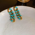 Vintage gold chain earrings with turquoise stone inlay on a ceramic display - Gold Turquoise Chain (25#)