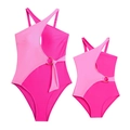 Detail of hot pink colorblock one-piece swimsuits with gold ring and halter design - X2402 Powder / 152