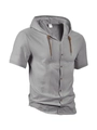 Men's short sleeve linen hooded shirt in medium grey color with textured finish - Gray