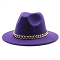 Detail of a purple wool fedora hat featuring a stylish wide brim and a chunky gold chain - M (56-58cm) / Purple
