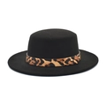 Detail of black wool felt boater hat featuring leopard print band and gold metal stud - M (56-58cm) / Black