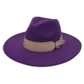 Detail of deep purple wool fedora hat with beige leather belt buckle and wide brim - Purple