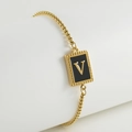 Adjustable gold stainless steel bracelet with black enamel rectangular V-letter pendant - V-Black