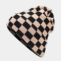 Detailed texture of thick checkered knit beanie in black and yellow yarn - Black and Khaki Checkerboard