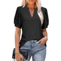 Women's casual V-neck black T-shirt featuring eyelet hollow out puff sleeves and solid color - S / Black
