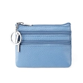 Blue lychee pattern genuine leather coin purse with triple zippers and key ring - Light Blue