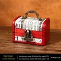Vintage red wooden jewelry box with map pattern and bronze lock, 12x8x8.5cm size - Map Handle + Xilinmen Lock