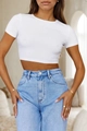 Close-up of white slim fit cropped short sleeve T-shirt styled with light blue jeans - S / White