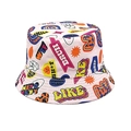 Detailed view of pink cotton kids bucket hat featuring vibrant graffiti and letter prints - Head Circumference 52-54cm / Light Pink