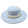 Elegant light blue wool felt wide brim boater hat with decorative white pearl band - M (56-58cm) / Sky Blue