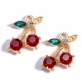 Detail of cherry pendants with red round gems and green leaves for DIY jewelry making - Red Crystal Cherry