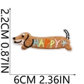 Detailed view showing dimensions of a brown embroidered dachshund puppy patch with Happy text - US 4