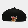 Detail of cartoon reindeer embroidery on a black wool beret with a red polka dot bow - M / Reindeer Pattern Black