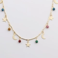 Collar dorado con colgantes de estrella y luna y cuentas de colores brillantes en cadena - Colgante de Estrella y Luna / Dorado