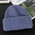 Dicke lila Kaninchenfell Strickmütze für Damen mit warmer doppellagiger Plüschtextur - M (56-58cm) / Denim Blau