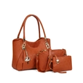 Three-piece embossed caramel brown tote set with chain texture and leaf charm detail - Tan