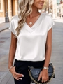 Elegant white satin V-neck short sleeve blouse for women in a street fashion style - S / White