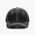 Distressed black cotton baseball cap with white contrast stitching and vintage wash - Adjustable / Black