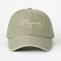 Close-up of Mama lettering and heart design on washed cotton canvas baseball cap - Light Khaki