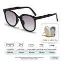 Foldable black kids sunglasses with purple gradient lenses and beige storage case - Black Frame Gradient Grey Lens + Box