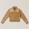 Dettaglio della giacca di jeans marrone vintage con trama usurata a mano e bottoni in metallo - S / Slim Fit / Marrone steppa