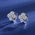 Silver four-leaf clover stud earrings with a large round cubic zirconia center stone - Four-leaf Clover Earrings Led-64