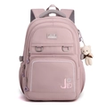 Pink lightweight nylon backpack for students featuring a cute beige bear charm accessory - Purple Pink