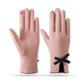 Gants thermiques roses pour femmes avec noeud noir et broderie fleurie sur la paume - Nœud En PU Fendu / Rose