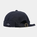 Detail of navy canvas docker hat showing side embroidery and metal back buckle strap - Adjustable / Dark Gray