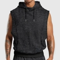 Detail of grey hooded sleeveless t-shirt with drawstring and vintage wash texture - Black